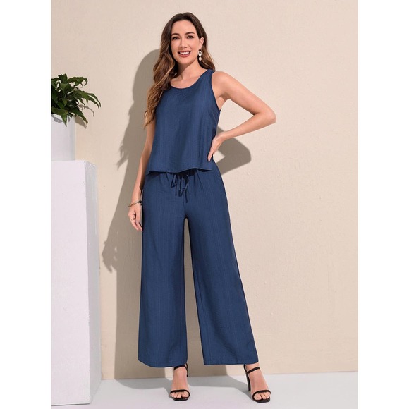 2 piece set: Cut Out Side Tank Top & Drawstring Waist Wide Leg Pants white - Picture 4 of 5